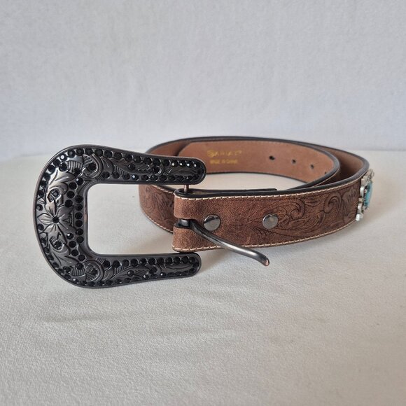 ARIAT Women's Western Belt Embossed-Leather Turquoise Rhinestone-Accent Buckle - Picture 3 of 11